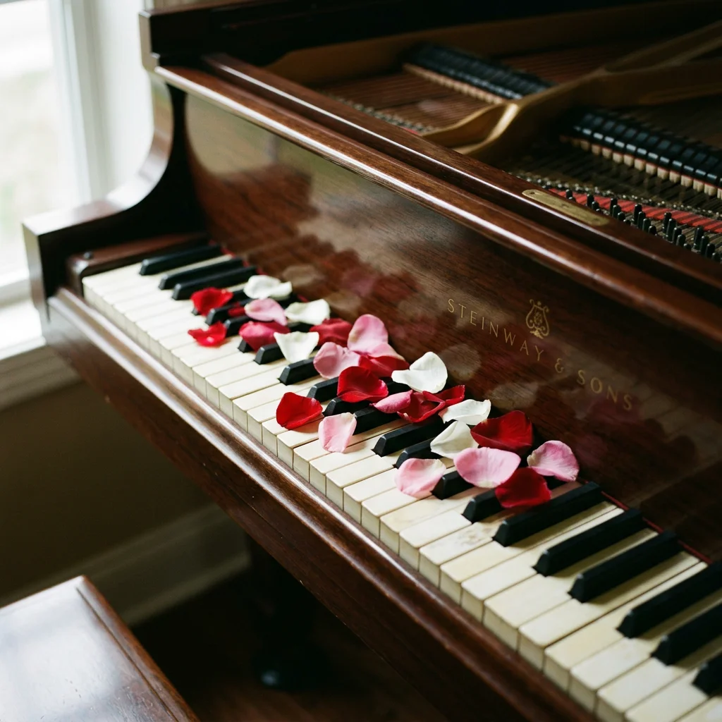 Steinway & Sons grand piano keyboard with red, pink, and white rose petals on the keys