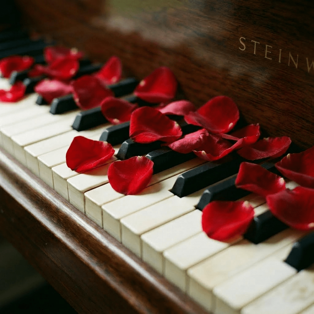 Steinway & Sons grand piano keyboard with red, pink, and white rose petals on the keys