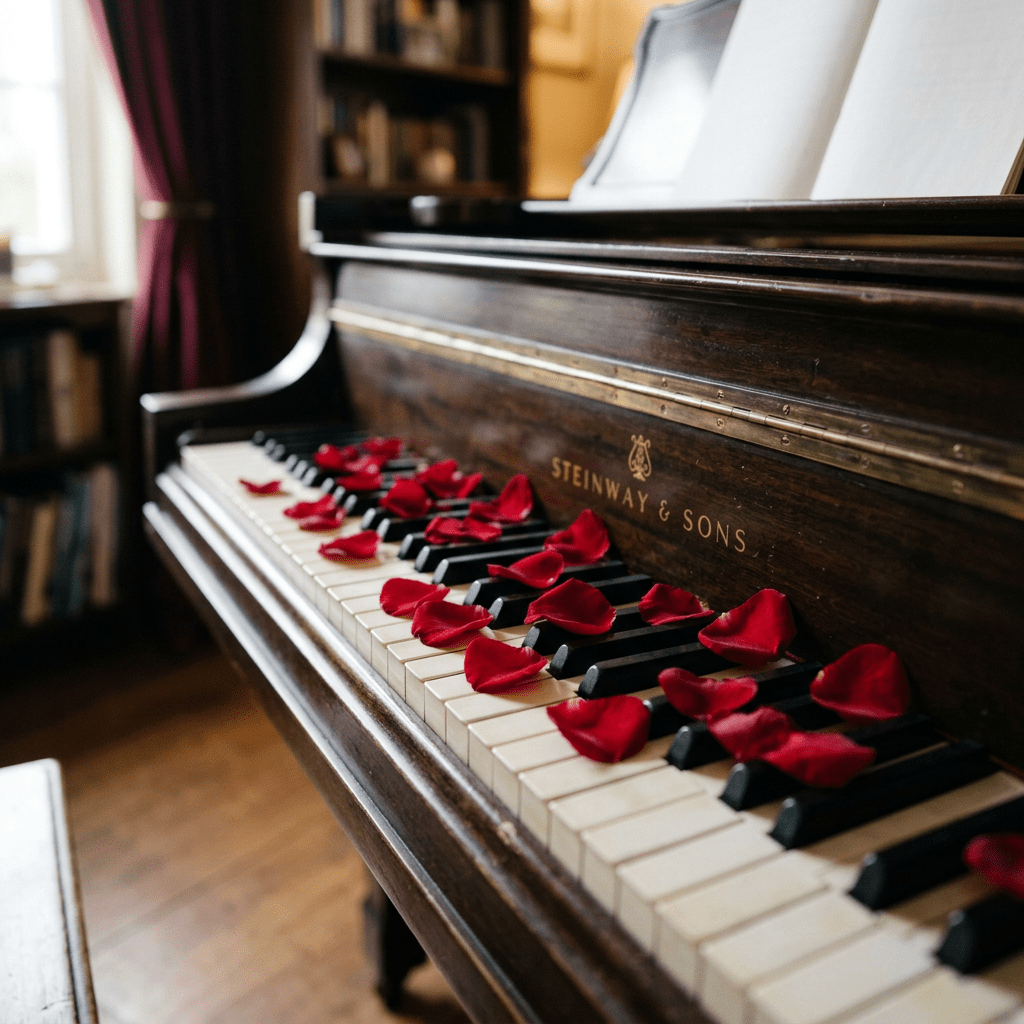 Steinway & Sons piano keyboard with red rose petals scattered on keys